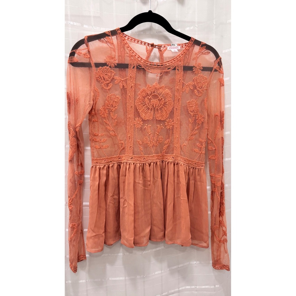 Xhilaration Coral Floral Embroidered Mesh Peplum Top Long Sleeve XS Boho